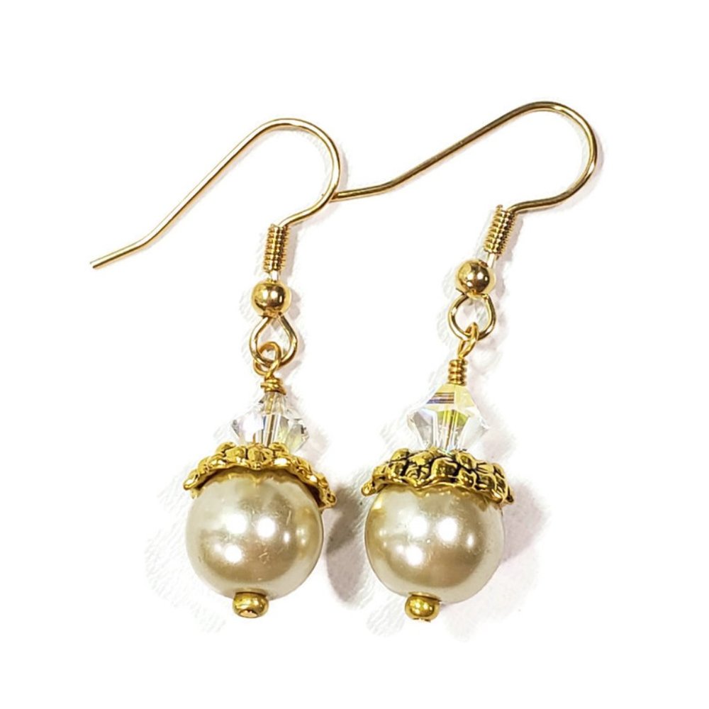 Gold and Ivory Pearl Crystal Earrings Dang…